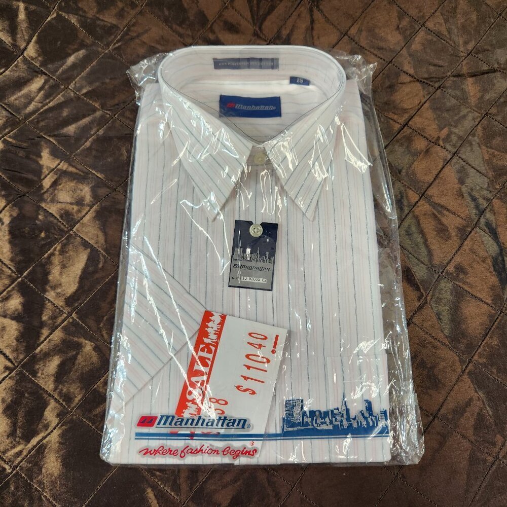 Vintage Manhattan Mens Pinstripe Collared Shirt New Old Stock Size 15